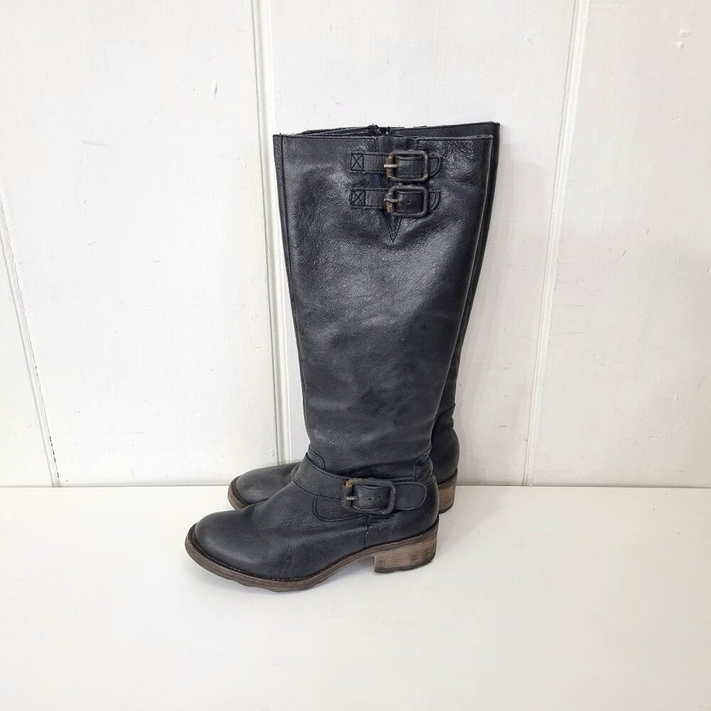 Circle G Distressed Black Leather Knee-High Boots With Buckle Detail & Stacked H - Picture 2 of 11